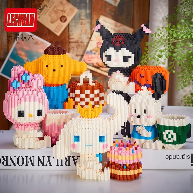 Linkgo Sanrio Building Block Pen Holder Luffy Stitch Chopper Pochacco Kuromi DIY Assembly Super Mario Puzzle Mini Bricks Toys