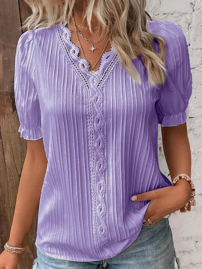 Plus Size Women's Shirt Blouse Yellow-green Violets White Plain Lace Short Sleeve Casual Basic V Neck Regular Pullover White Blo