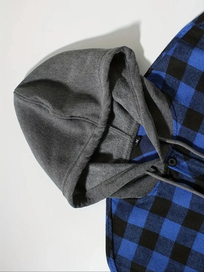 Youth Fashion Street Hooded Plaid Shirt Men's Slim Fit Long Sleeved Shirt Couple Travel Casual Shirt Men's Sports Shirt Jacket