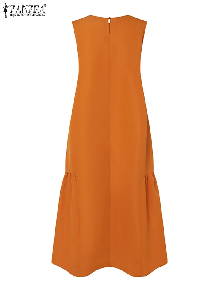 ZANZEA Women Casual Holiday Dragonfly Embroidery Midi Dress Summer Fashion O Neck Sleeveless A-line Dresses Ruffled Hem Robes