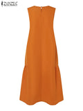 ZANZEA Women Casual Holiday Dragonfly Embroidery Midi Dress Summer Fashion O Neck Sleeveless A-line Dresses Ruffled Hem Robes