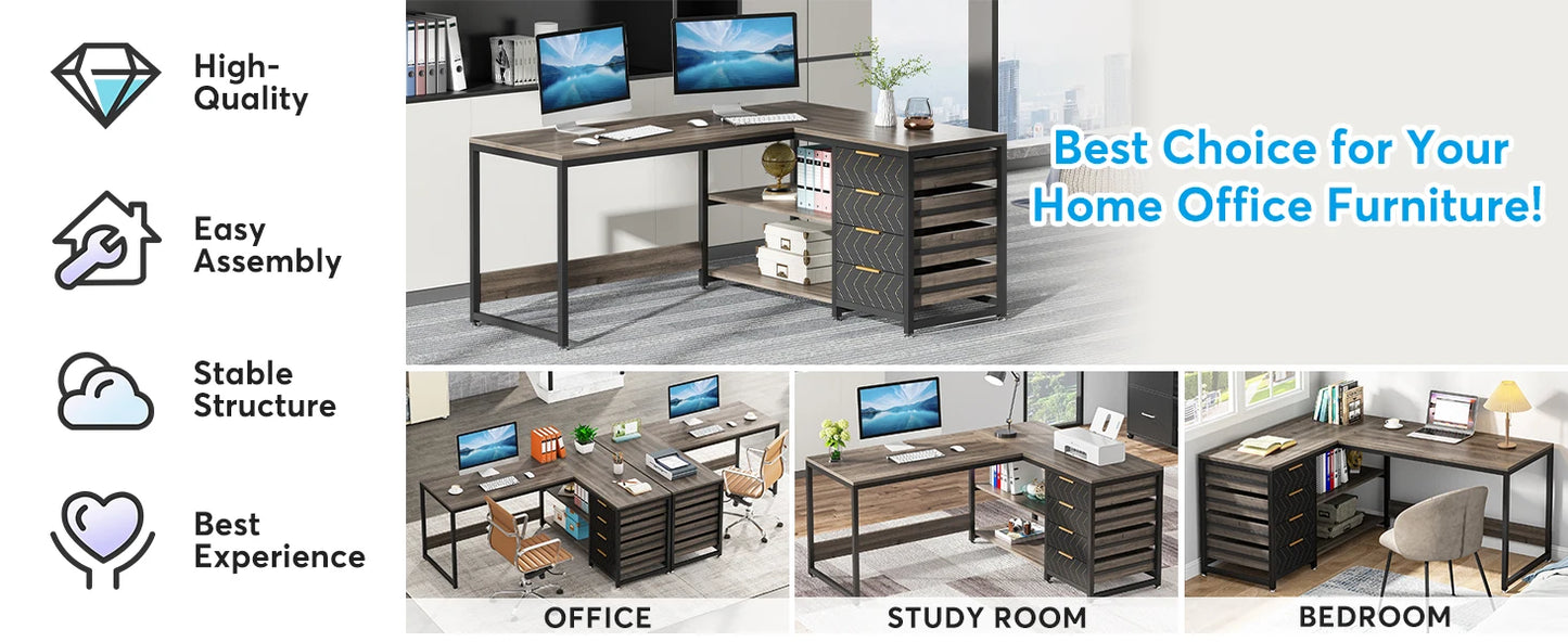 Tribesigns L Shaped Computer Desk with Storage Drawers, 59 inch Corner Desk with Shelves, Reversible L-Shaped Office Desk Study