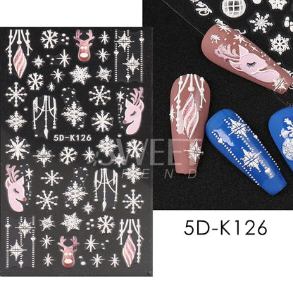 5D Red Christmas Nail Stickers Glitter Embossed Snowflake Gloves Feather Bulb Bells Winter Xmas DIY Engraved Manicure Decoration