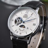 Orient Sun & Moon Semi Skeleton Automatic Watch Men's White Dial Black Leather Strap Sapphire Crystal 50M Water-Resistant Dress Watch