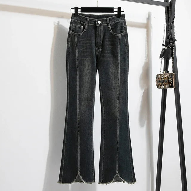 Noções básicas vintage casual cintura alta chique botão fino alargamento jeans calças compridas streetwear alta rua outono roupas tamanhos grandes