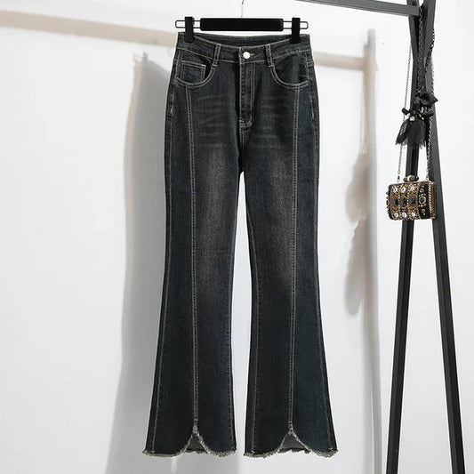 Noções básicas vintage casual cintura alta chique botão fino alargamento jeans calças compridas streetwear alta rua outono roupas tamanhos grandes