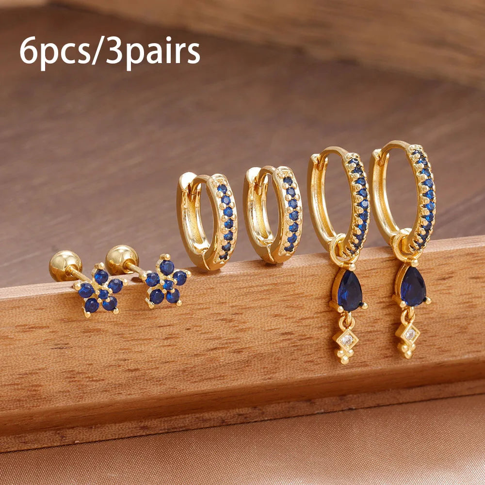 6PCS Cubic Zirconia Stainless Steel 14K Gold Plated Water Drop Earrings Five-Petaled Flowers ear stud For Women Set Jewelry Gift