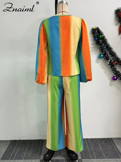 Znaiml Lantern Sleeve Top and Wide Leg Pants Two Piece Set Rainbow Gradient Print Women Outfits Elegant Office Birthday Party