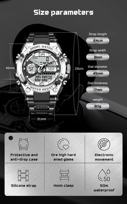 Reloj militar LIGE para hombre, digital, resistente al agua hasta 50 m, LED, de cuarzo, deportivo, grande, Masculino