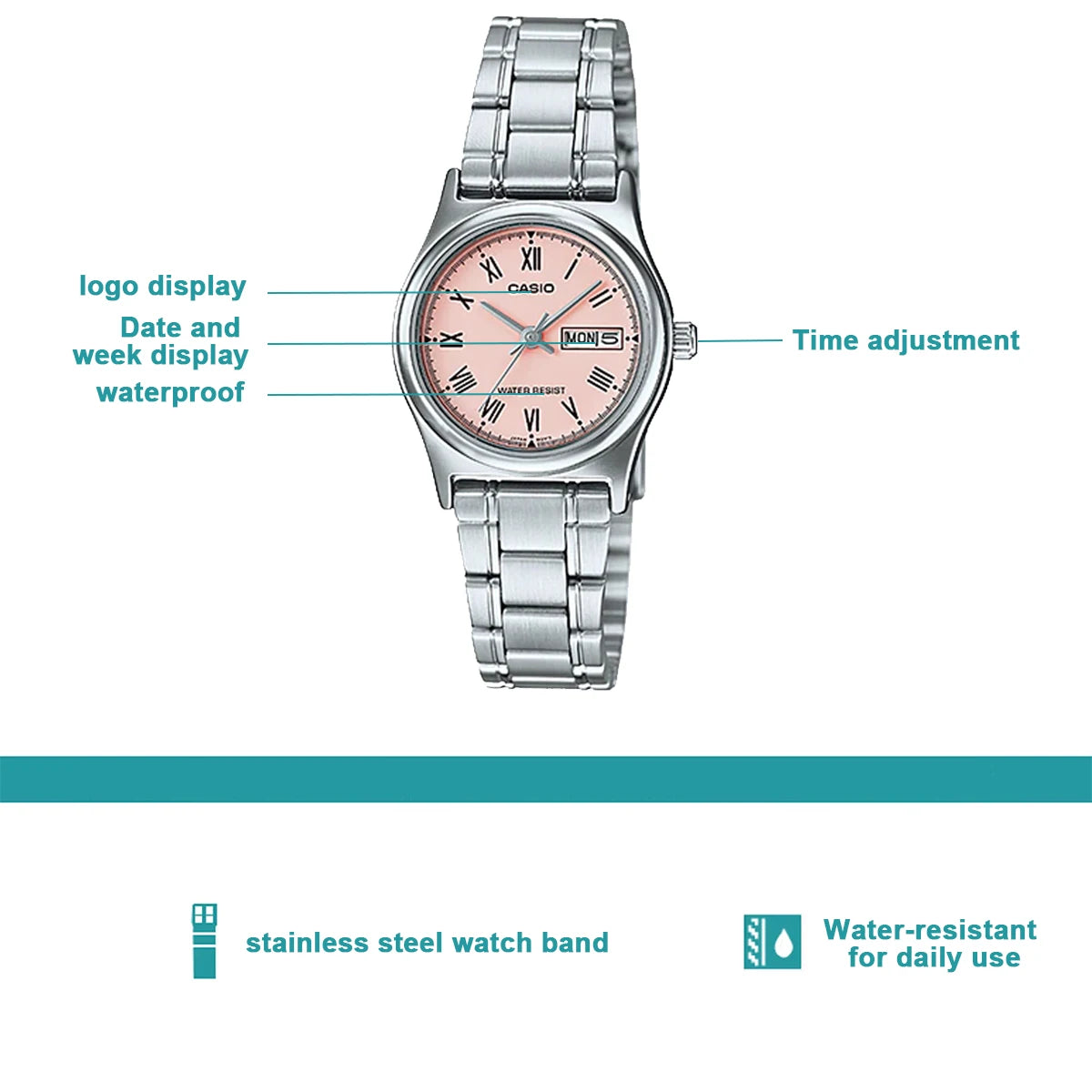 Relógio feminino Casio elegance quartzo - aço inoxidável  calendário duplo resistente a agua 30m