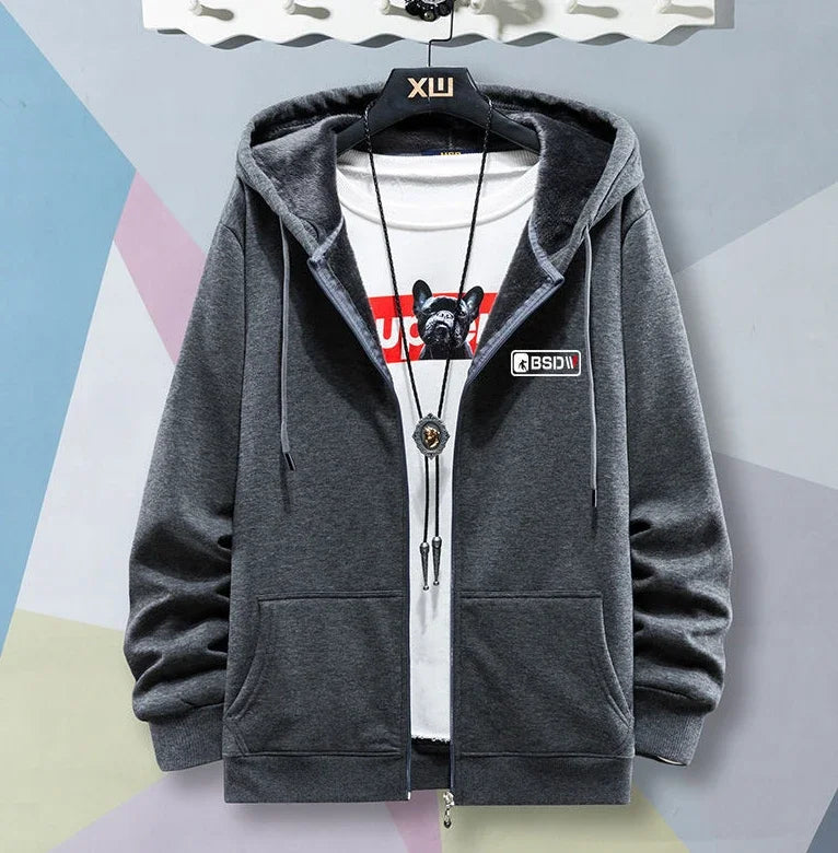 Male Clothes Hooded Sweatshirt for Men Blue Slim Fit Hoodies Full Zip Up Pastel Color S Winter No Brand Sweat Shirt High Quality