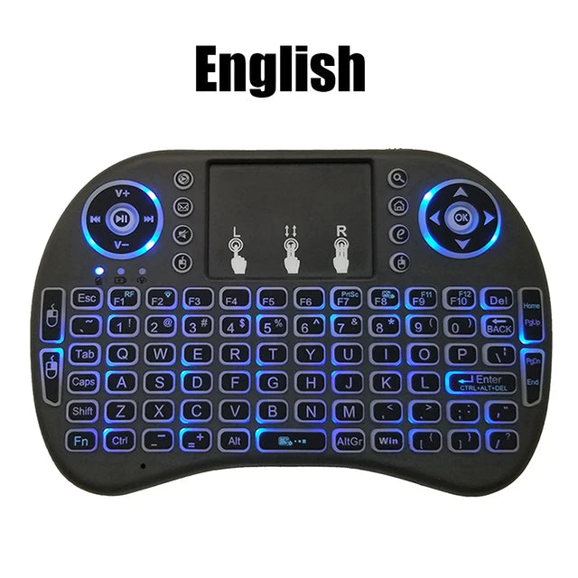 Ratón de aire retroiluminado con panel táctil, mini teclado inalámbrico para PC, Android TV Box, i8, árabe, francés, español, ruso, 2.4G 