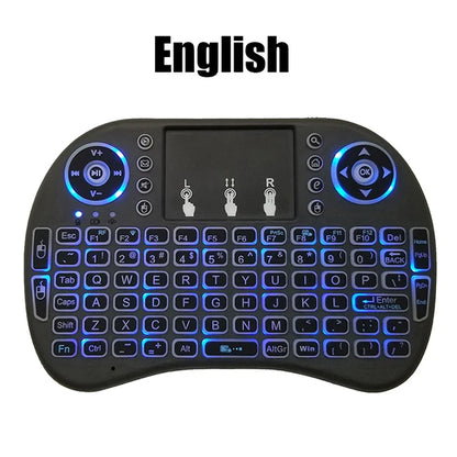 Ratón de aire retroiluminado con panel táctil, mini teclado inalámbrico para PC, Android TV Box, i8, árabe, francés, español, ruso, 2.4G 