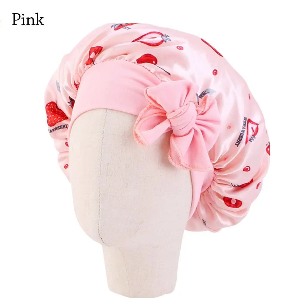 Kids Satin Bonnet Sleep Hat Silk Shower Cap for Child Hair Beanie At Night Boy Girls Flower Printed Silk Sleep Cap with Band Bow