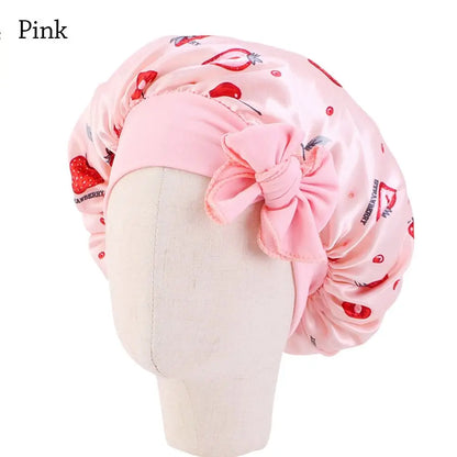 Kids Satin Bonnet Sleep Hat Silk Shower Cap for Child Hair Beanie At Night Boy Girls Flower Printed Silk Sleep Cap with Band Bow