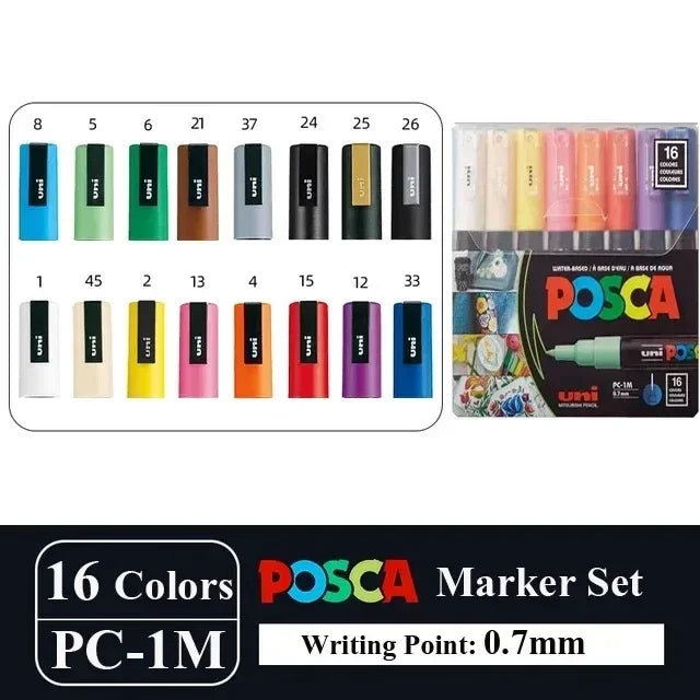 16pcs Japan UNI POSCA Markers Set Acrylic Graffiti Drawing Permanent Waterproof Children's Drawing PC-3M/1M/5M Art Supplies