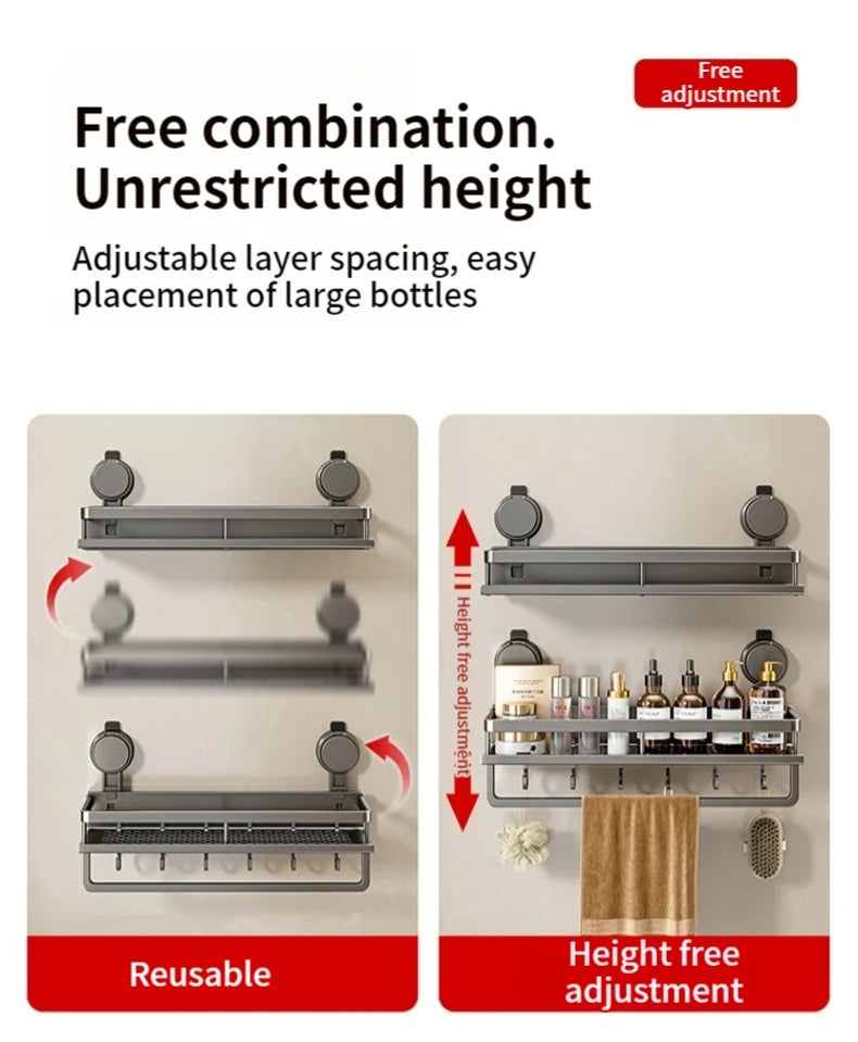 Estante de baño con ventosa sin taladro, estante para baño, espacio para inodoro, estante colgante de aluminio, organizador de baño para colgar en la pared