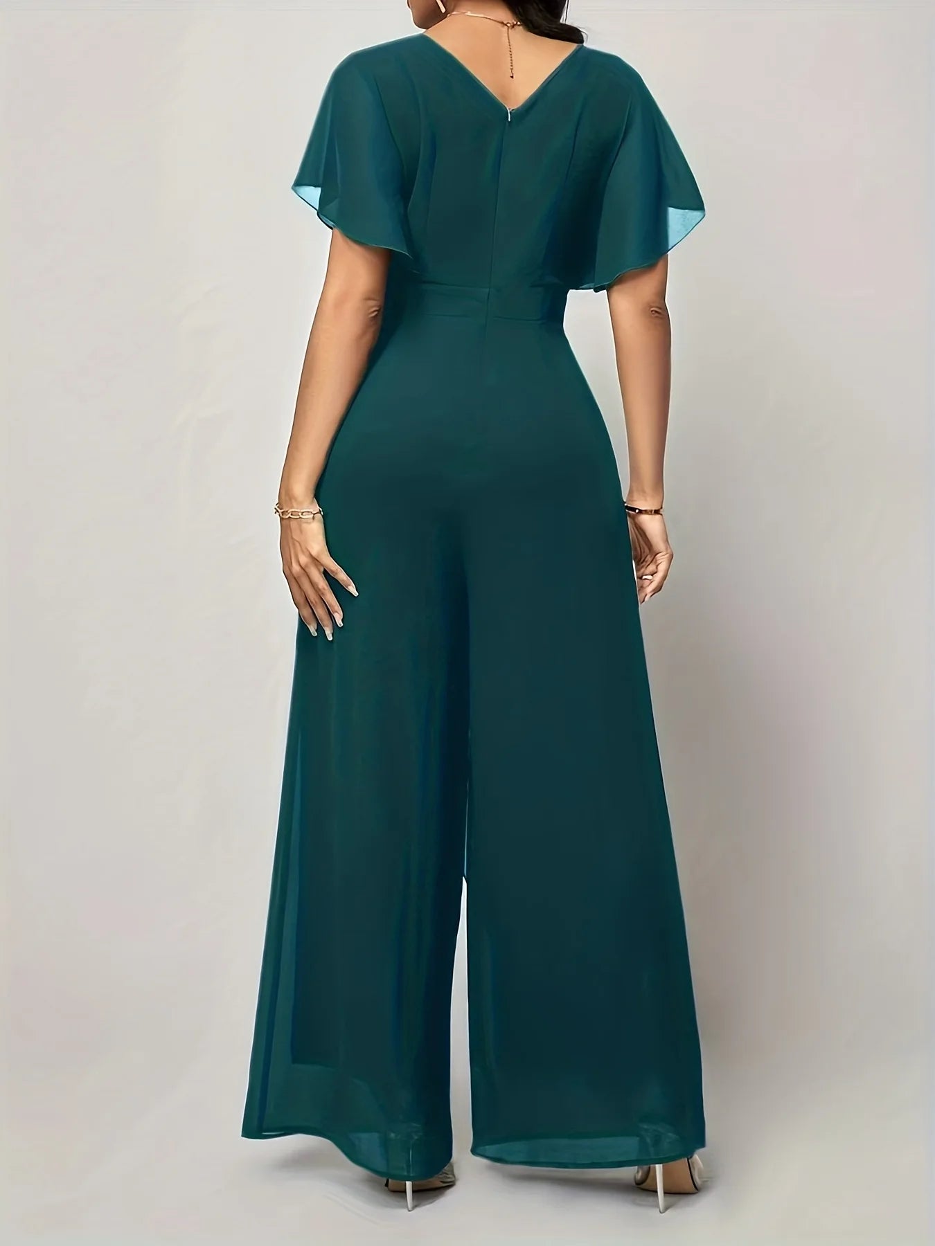 Women's New Solid V Neck Flutter Sleeve Tie Waist Split Wide Leg Jumpsuit Elegant Slimming Versatile Party Daily Casual Jumpsuit