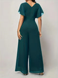 Women's New Solid V Neck Flutter Sleeve Tie Waist Split Wide Leg Jumpsuit Elegant Slimming Versatile Party Daily Casual Jumpsuit