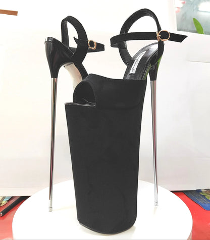 New Super High Thin Heels 30 Cm Steel Heels Large Size Women's Sandals Suede Black Buckle Sky-high Sexy Shoes platform sandals