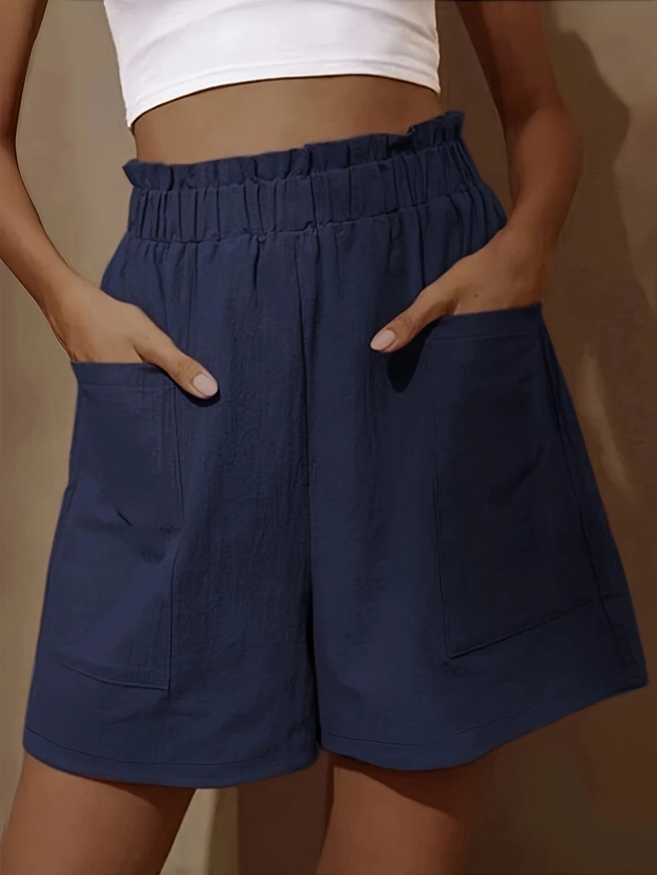 Plus Size Solid PaperBag Waist Pocket Shorts Casual Loose Pants For Spring & Summer Women's Plus Size Clothing