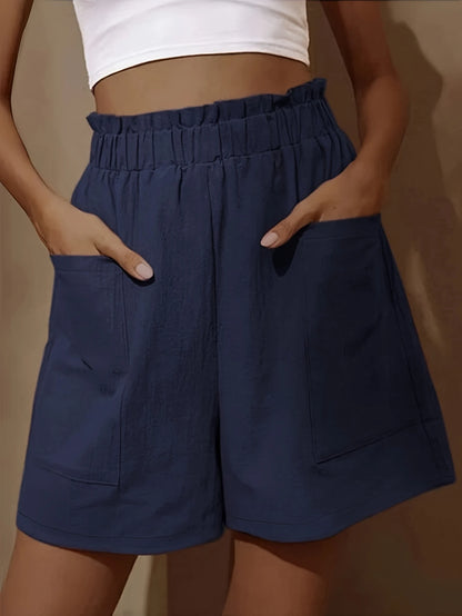 Plus Size Solid PaperBag Waist Pocket Shorts Casual Loose Pants For Spring & Summer Women's Plus Size Clothing