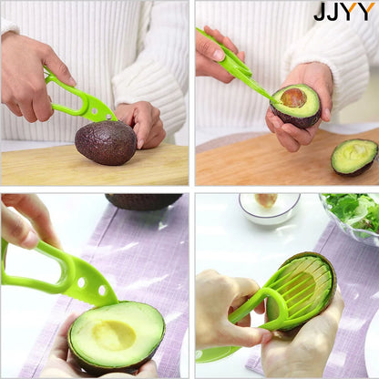 JJYY 3 en 1 Cortador de aguacate, descorazonador de manteca de karité, pelador de frutas, separador de pulpa, cuchillo de plástico, utensilios de cocina para verduras