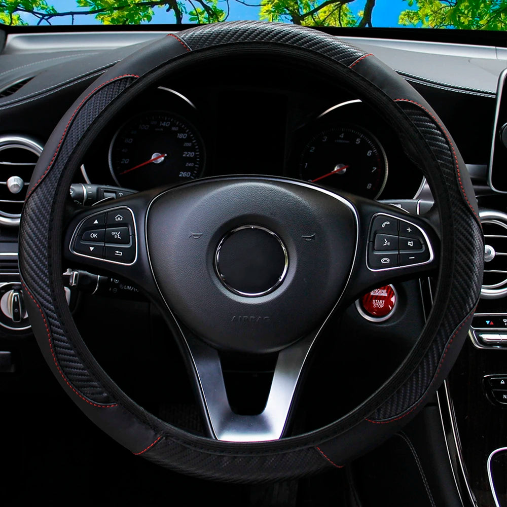 PU Carbon Fiber Leather Car Steering Wheel Cover without Inner Ring Suitable for 14.5-15 Inches Auto Supplies