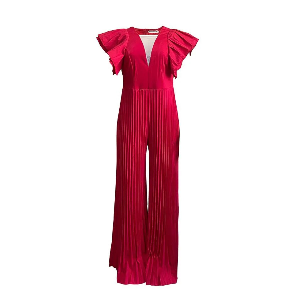 Elegant Pleated Jumpsuits & Rompers for Women V Neck Ruffles High Waisted Loose Floor Length Luxury Female Birthday Party Romper