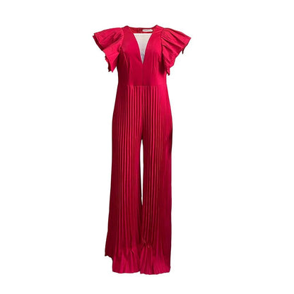 Elegant Pleated Jumpsuits & Rompers for Women V Neck Ruffles High Waisted Loose Floor Length Luxury Female Birthday Party Romper