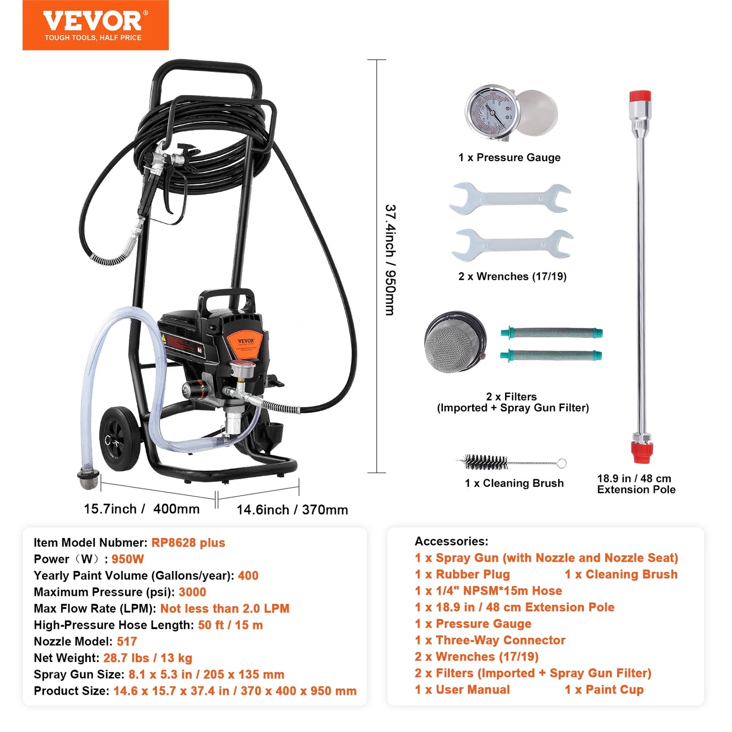 VEVOR - Pulverizador de pintura sin aire, eléctrico con carrito, para muebles y cercas, 950 W, 3000 PSI 