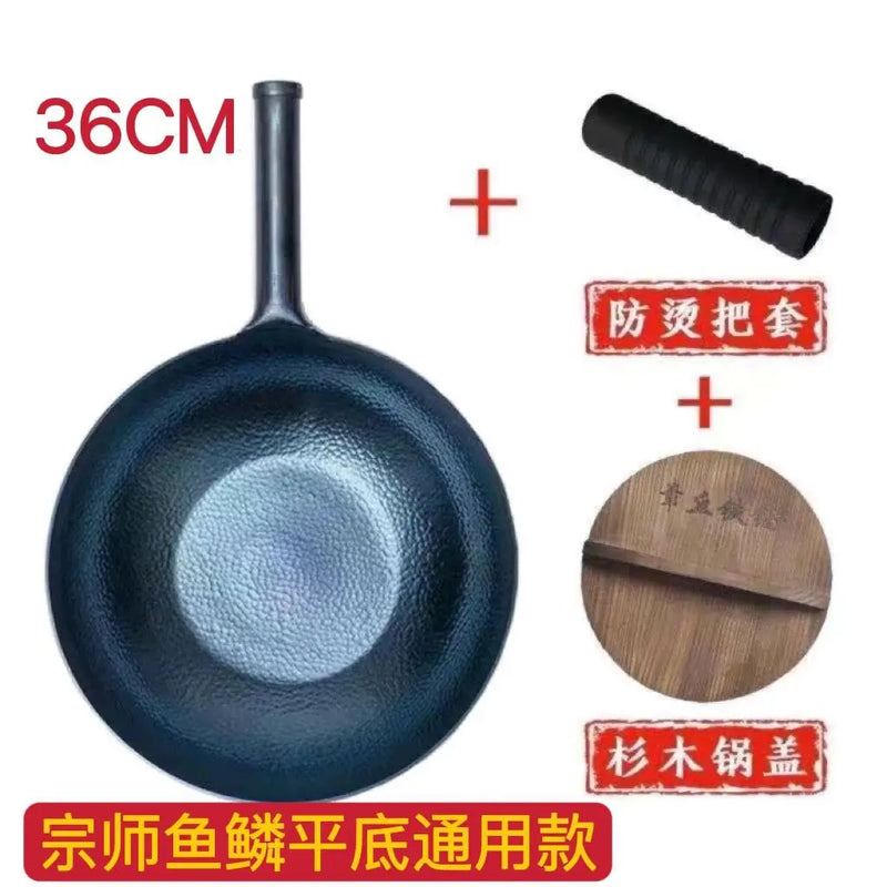 Authentic Zhangqiu flat-bottomed fish scale iron pan, hand-forged pan, induction cooker universal uncoated non-stick pan