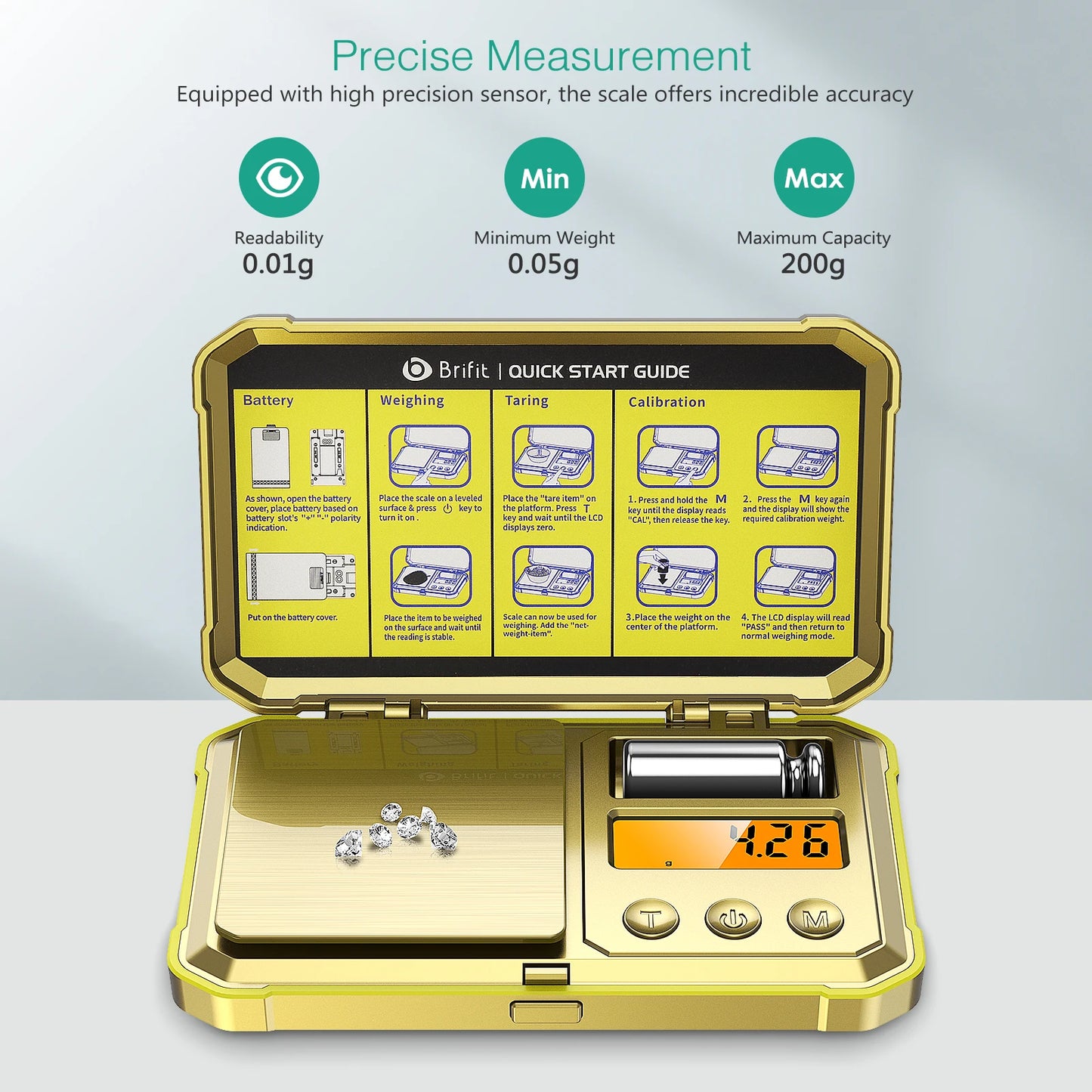 Digital Jewelry Scale 200g 0.01g Pocket Scales with 50g Calibration Weight Electronic Smart Scale for Professional Weighing