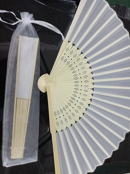 24 /70pcs  Personalized Engraved White Folding Elegant Silk Hand Fan with Gift bag Wedding & Party