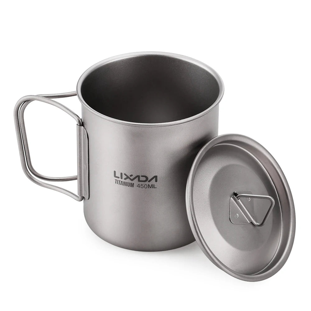 Taza de agua ultraligera de titanio Lixada con asa plegable, portátil para exteriores, camping, picnic, 300 ml/350 ml/550 ml/650 ml