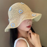 Lovely Foldable Straw Hat Sun Protection UV Protection Panama Cap Little Flowers Breathable Fisherman Cap Summer Bucket Hat