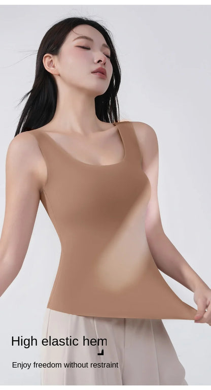 2 piezas/lote de camiseta sin mangas de seda sin costuras con almohadilla fija en el pecho para mujer, camisola sin mangas, ropa interior exterior, camisola de verano de alta elasticidad