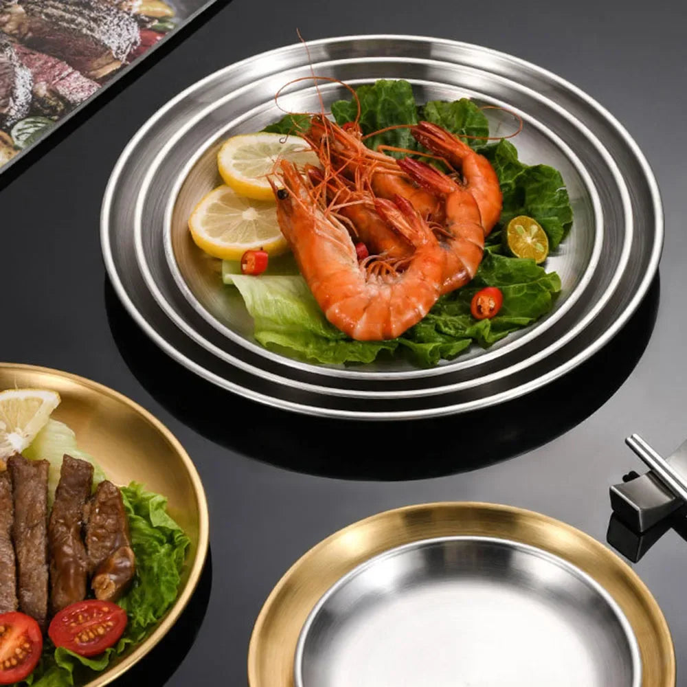 4Pcs Stainless Steel Round Plate Bone Spitting Dish Shallow Tray Metal Camping Plate Dining Disc BBQ Picnic Dishes Cookware