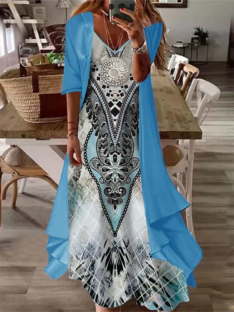 Conjuntos de vestido casual plus size sólido frente aberta e conjuntos de vestido estampado gráfico roupas femininas plus size