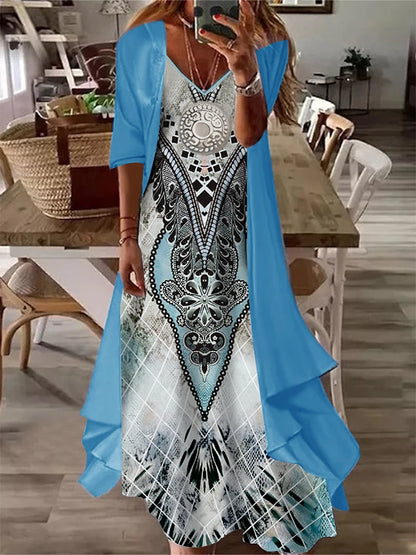 Conjuntos de vestido casual plus size sólido frente aberta e conjuntos de vestido estampado gráfico roupas femininas plus size
