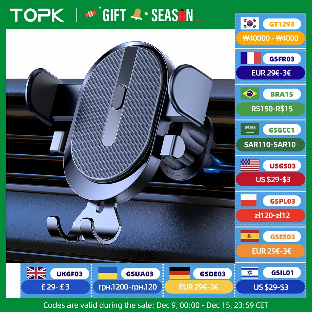 Car Phone Holder Mount, TOPK 2023 Upgrade Auto Locking Universal Phone Holder with Hook Clip for Car Air Vent for iPhone Samsung