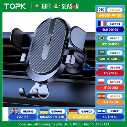 Car Phone Holder Mount, TOPK 2023 Upgrade Auto Locking Universal Phone Holder with Hook Clip for Car Air Vent for iPhone Samsung