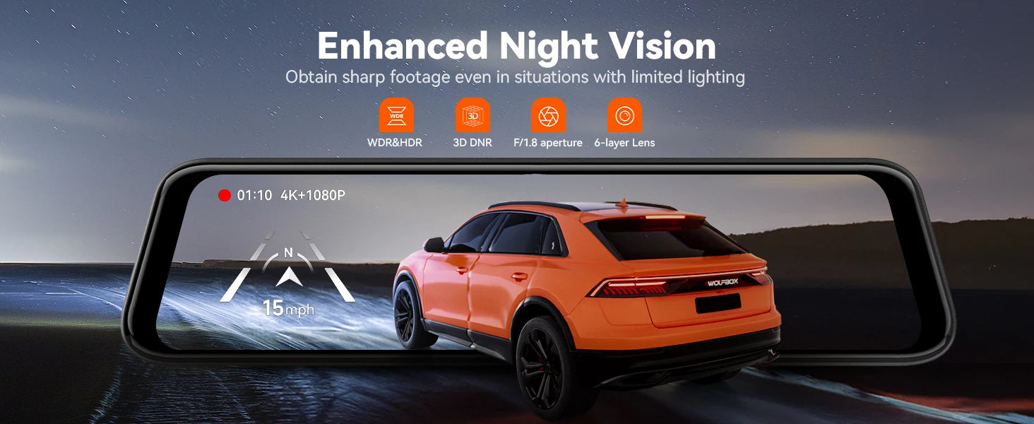 WOLFBOX G850 PRO 4K WiFi Mirror Dash Cam with ADAS and BSD 5.8GHz WiFi Voice Control Car DVR Rearview Mirror 12inch