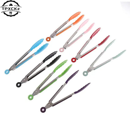 Silicone BBQ Grilling Tong Kitchen Cooking Salad Bread Serving Tong Non-Stick Barbecue Clip Clamp Stainless Steel Tools Gadgets