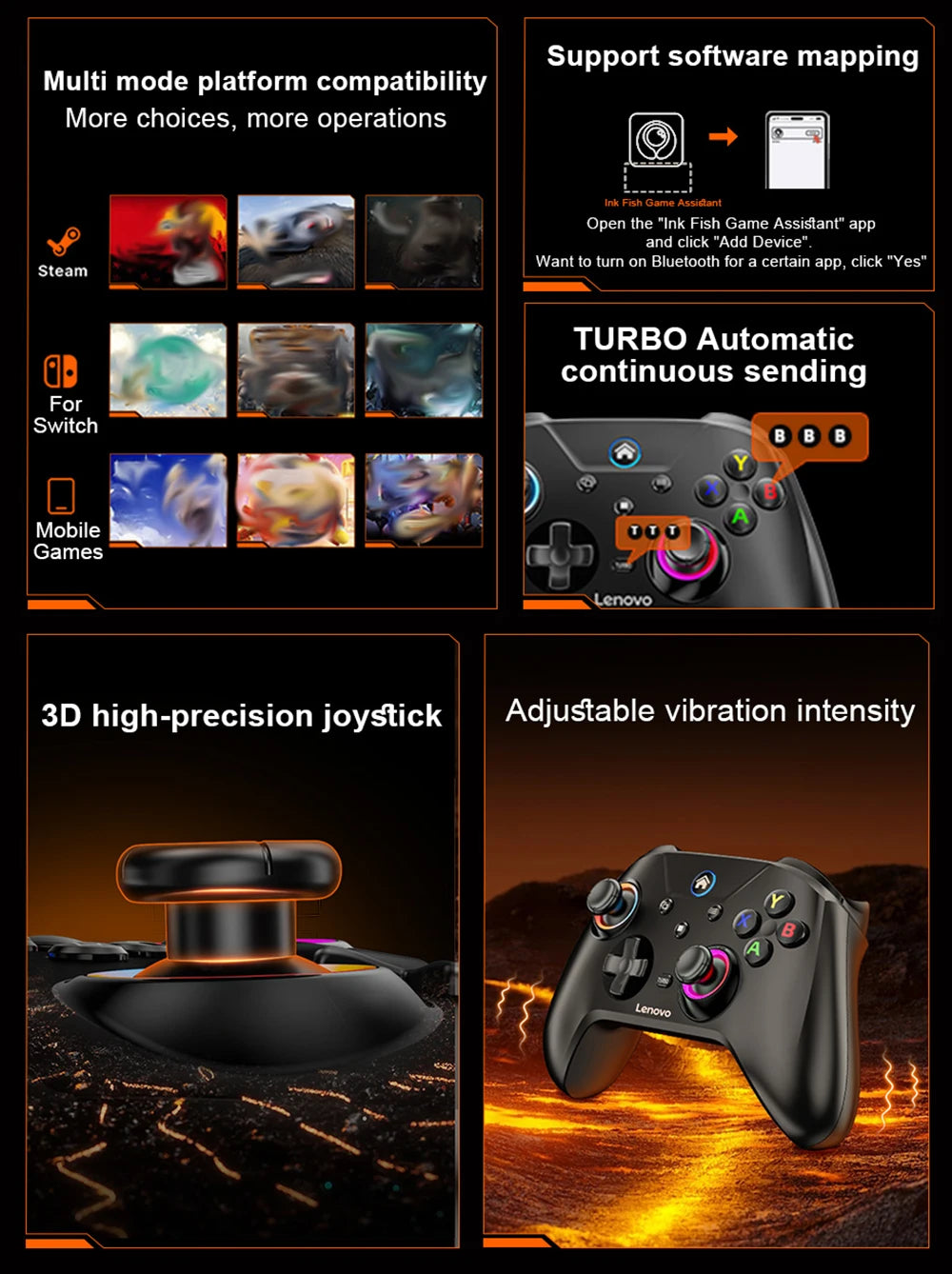 Lenovo S02 Wireless Bluetooth Gaming Controller, Dual Hall Trigger Wireless Gamepad, For Switch, PC, Android, IOS, TV