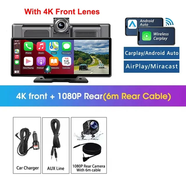 Srnubi 10.26" Dash Cam Rearview Carplay Android Auto 4K DVR Navigation Player Dual Lens Recorder Dashboard WIFI BT