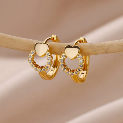 Heart Stainless Steel Earrings for Women Zircon Gold Color Hoop Earring Aesthetic Waterproof Ear Piercing Jewelry Accessories