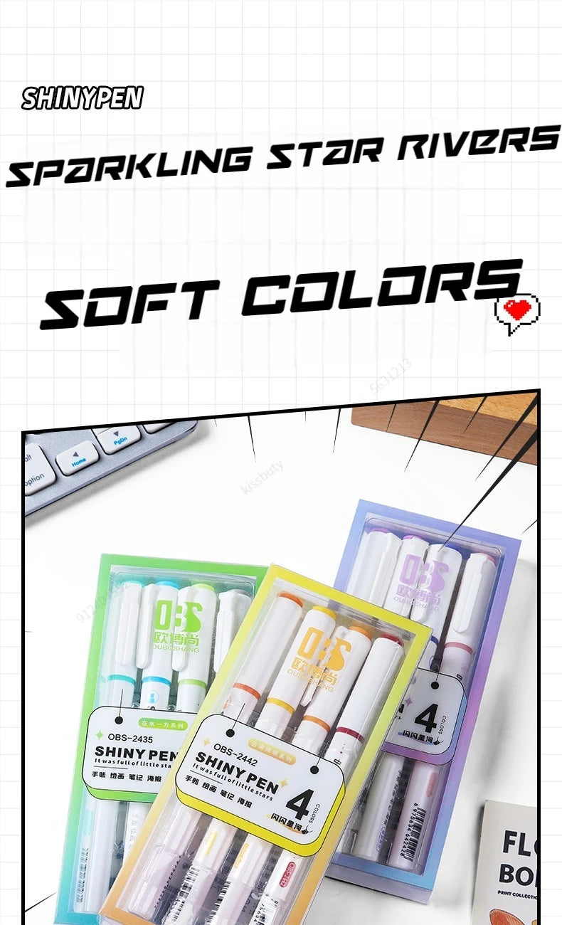 4 Colors/box Kawaii Glitter Highlighter Pen Pastel Fine Pastel Highlighter Marker Scrapbook Painted Stationery School Supplies