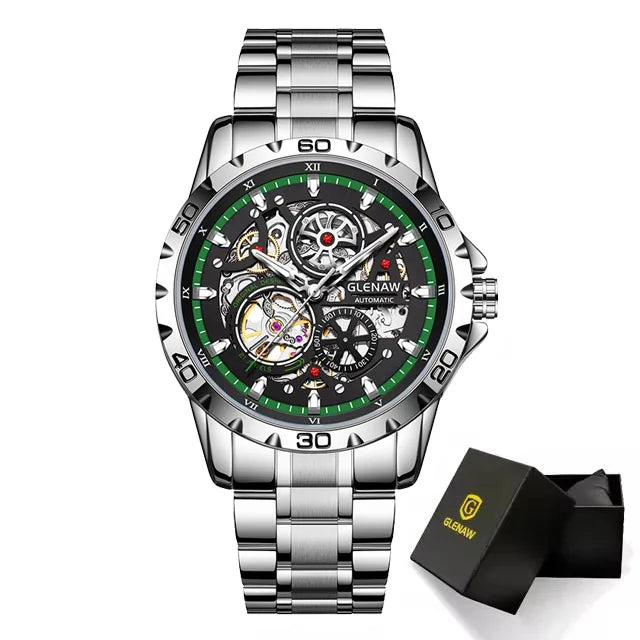 GLENAW Steampunk Skeleton - Reloj para hombre, anillo, relojes mecánicos automáticos de lujo, luminosos, resistentes al agua, correa de acero inoxidable