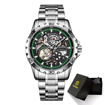 GLENAW Steampunk Skeleton - Reloj para hombre, anillo, relojes mecánicos automáticos de lujo, luminosos, resistentes al agua, correa de acero inoxidable